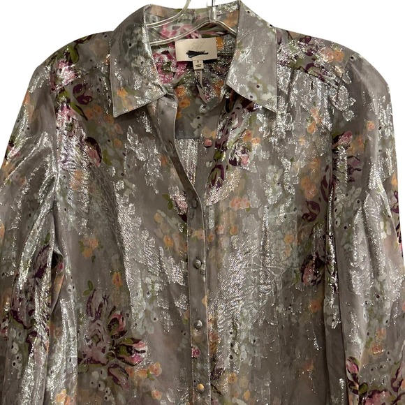 Cinq a Sept Metallic Floral Print Claudette Kandice Button Up Shirt Blouse Small - Picture 6 of 11